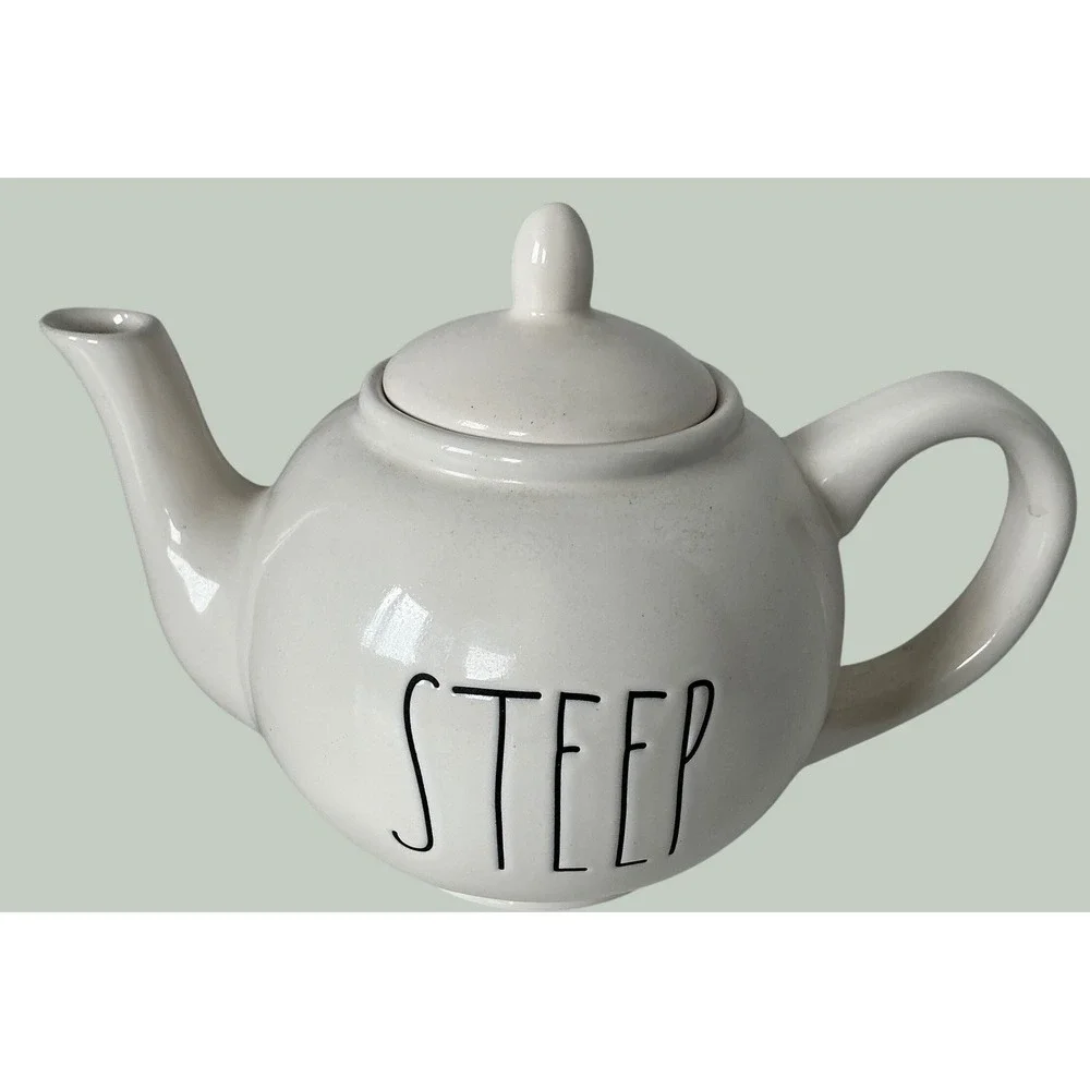 Rae Dunn STEEP Ceramic Teapot Farmhouse Style Cream White Large Tea Pot